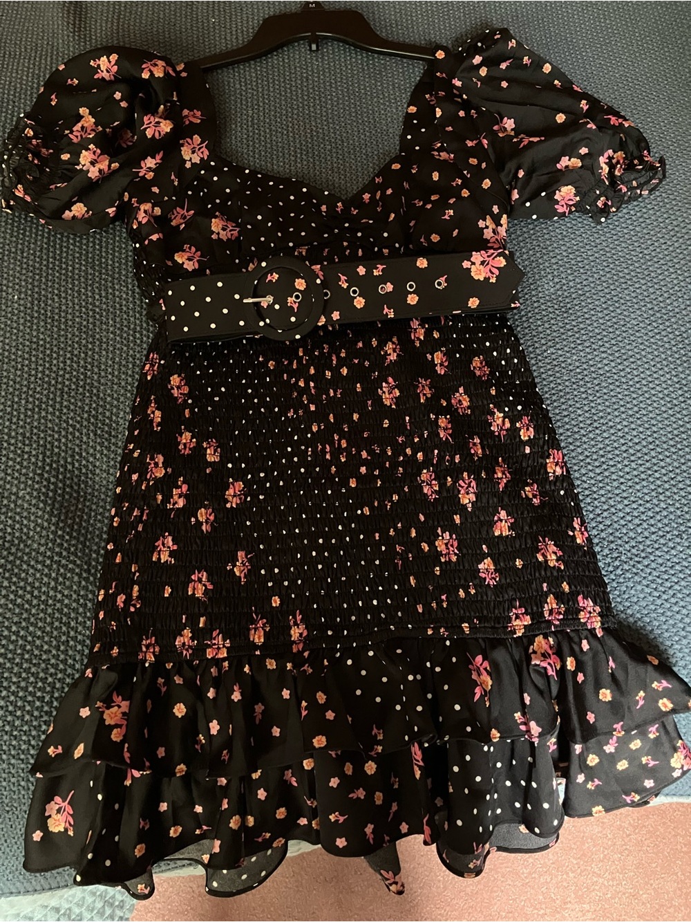 For Love & Lemons Black Mini Dress with Pink Floral and White Polka Dots - Picture 3 of 5